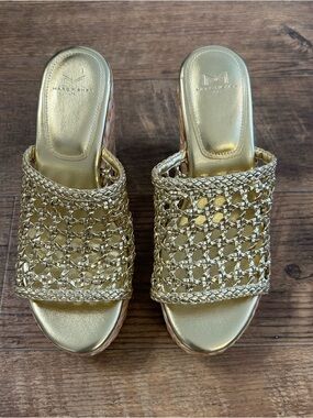 Marc Fisher Metallic Gold Woven Slide Mules